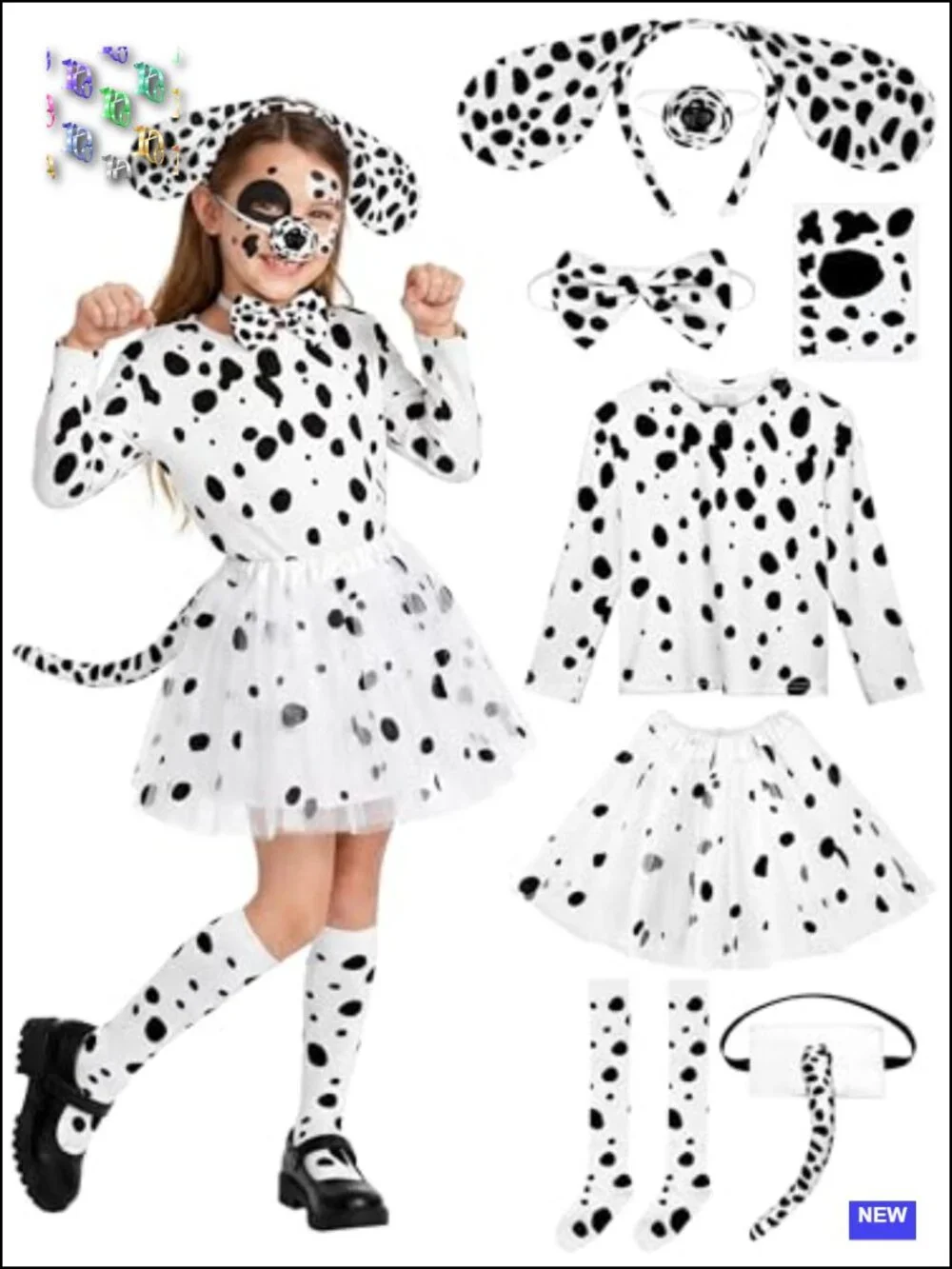 Girls Dalmatian Dog Halloween Costume Set - 8 Pc Tutu Skirt Cosplay 5-13 Yrs